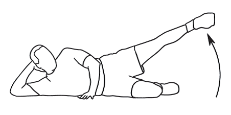 髋内收训练61 侧卧于患侧,并保持双侧下肢伸直.